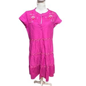ROS GARDEN Pink Embroidered Tiered Midi Dress Size Medium